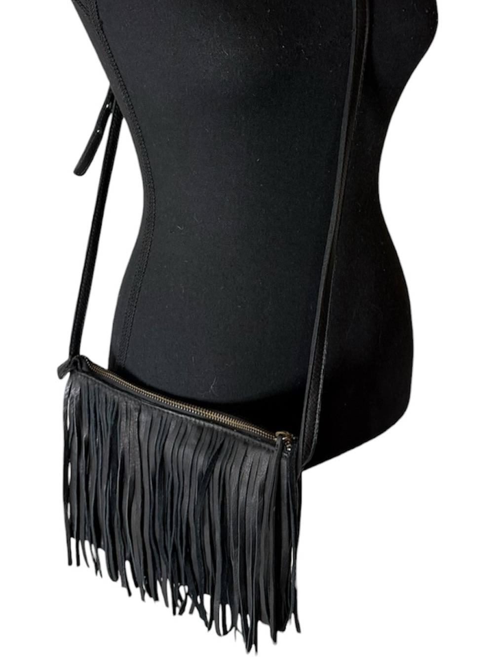 LUCKY BRAND Black Leather Crossbody Bag Fringe Zipper Adjustable Strap Boho